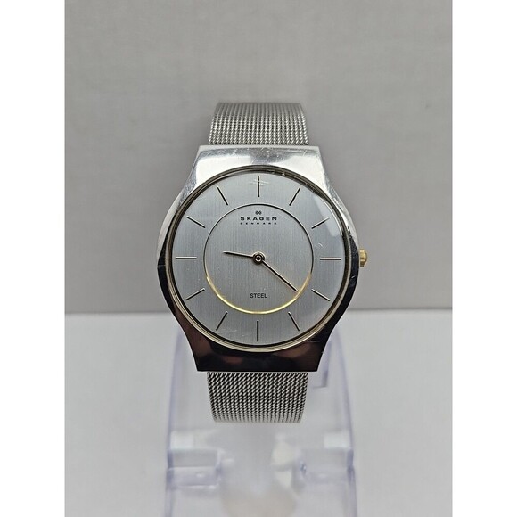 Skagen 233LGSC Slim Mesh Quartz Watch Silver Gold Two Tone New Battery 34mm Mens - Picture 1 of 10